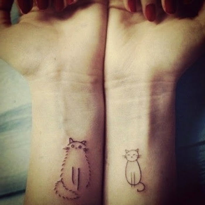 Oto dwie dłonie i dwa małe czarne koty tatuaże na nadgarstku