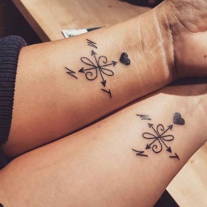 Du rankos su dviem juodais tatuiruotėmis su mažais juodais kompasais ir juodomis širdimis ant riešo