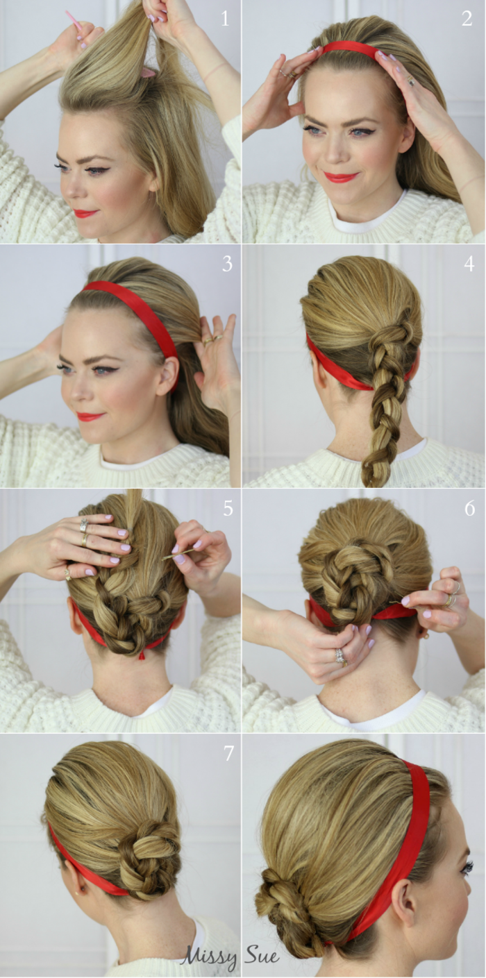Steg-för-steg-instruktioner för chic updo med rött hårband, lång frisyr