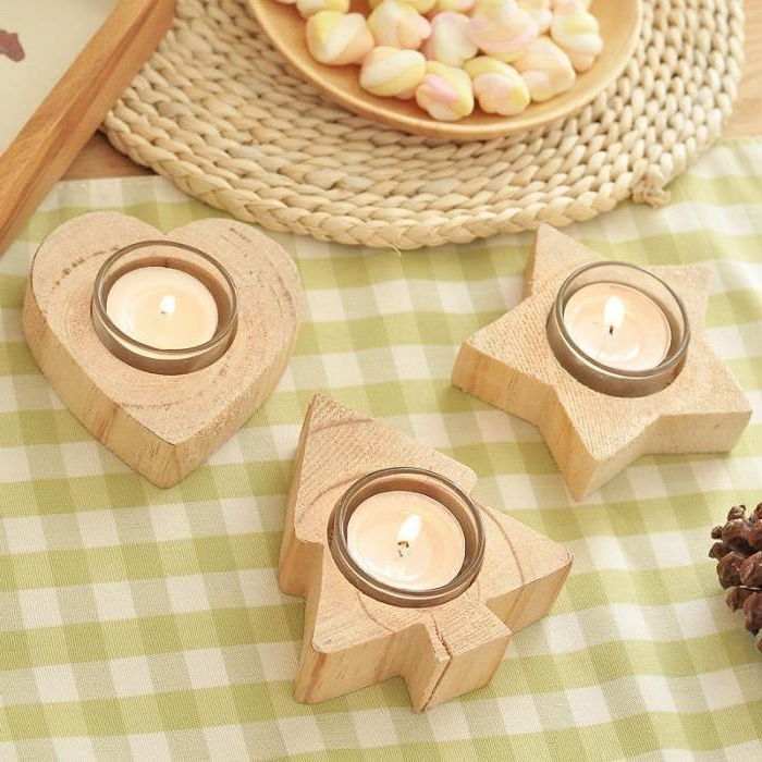 leseni deco sami naredijo majhne sveče tealights v majhnih lesenih stojala postaviti deko ideje