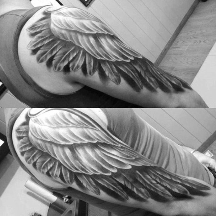 tu je ďalší nápad na veľké tetovanie anjelov pre mužov - tu sú ruky s veľkými čiernymi anjelskými krídlami tetovanie