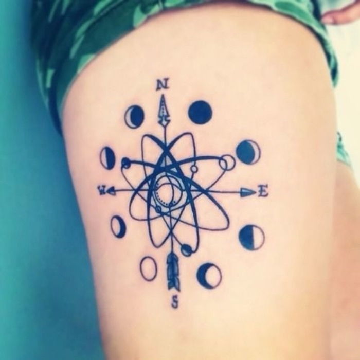 en flott vakker svart tatovering med et svart kompass med en måne og svarte piler