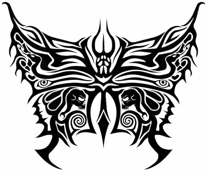Neįprasta idėja juoda tatuiruotė su drugeliu, kaukolėmis, gyvatėmis ir dviem juodais sparnais