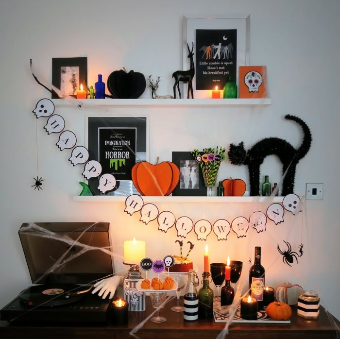 Idéias de decoração de Halloween, feliz guirlanda de Halloween, abóboras de papel, gato de bruxa e crânio