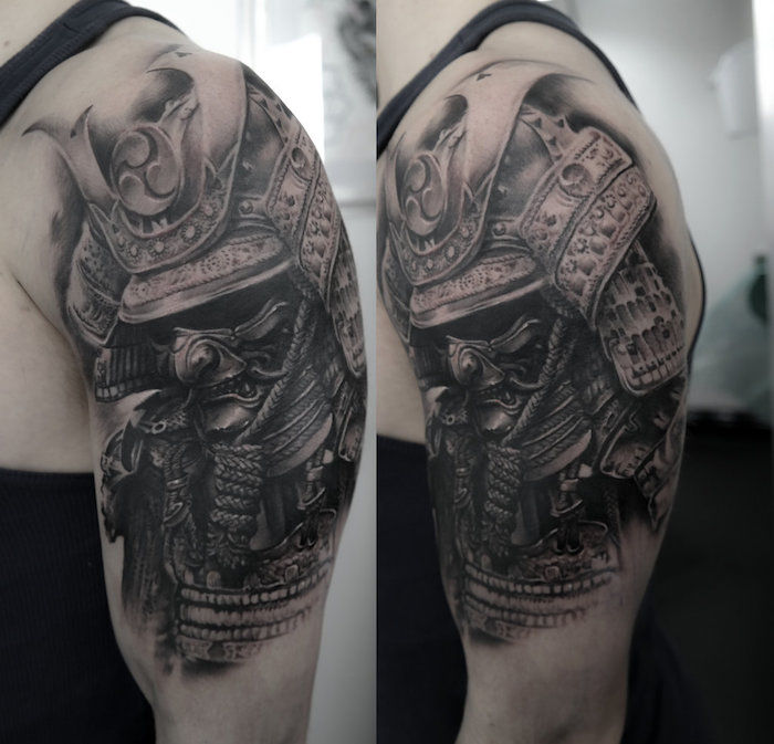 tatuaggio del guerriero, uomo, maschera, casco, tatuaggio del braccio superiore, tatuaggio