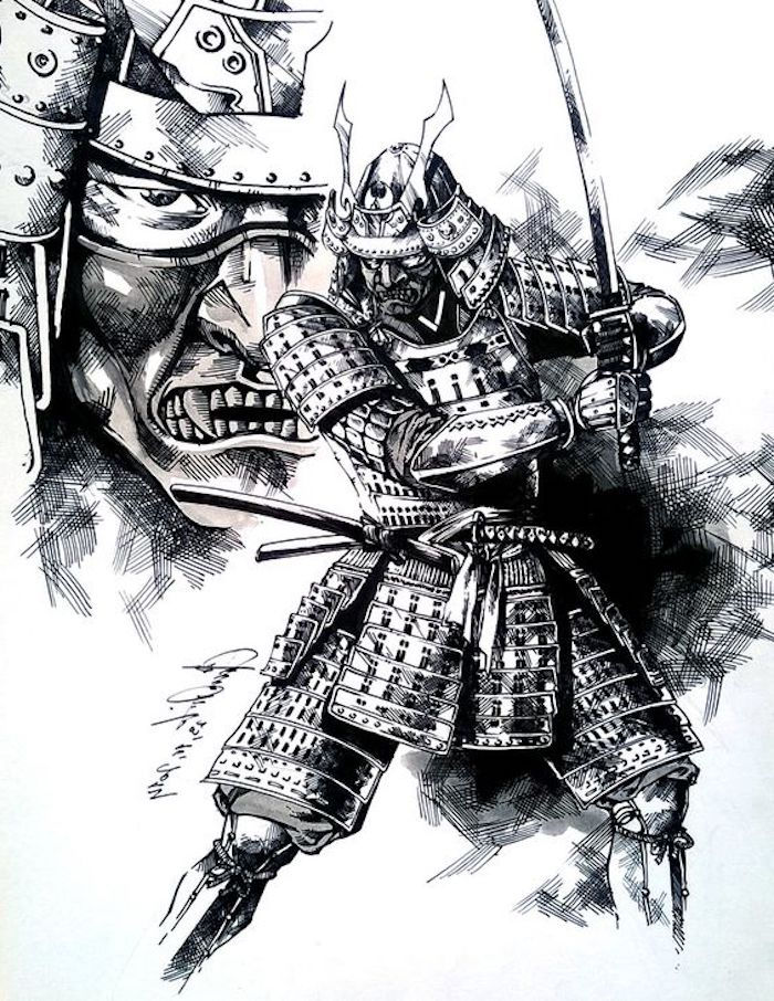 savaşçı dövme şablon, siyah ve beyaz çizim, samuray