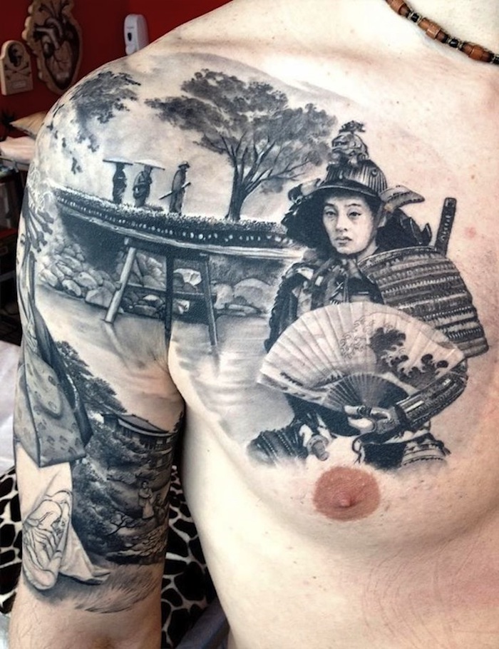 savaşçı dövme, japon dövme, adam, nehir, kol ve meme dövme