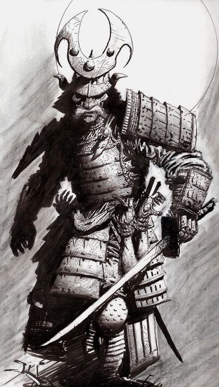Japon savaşçı, siyah ve beyaz çizim, kask, katana, ekipman