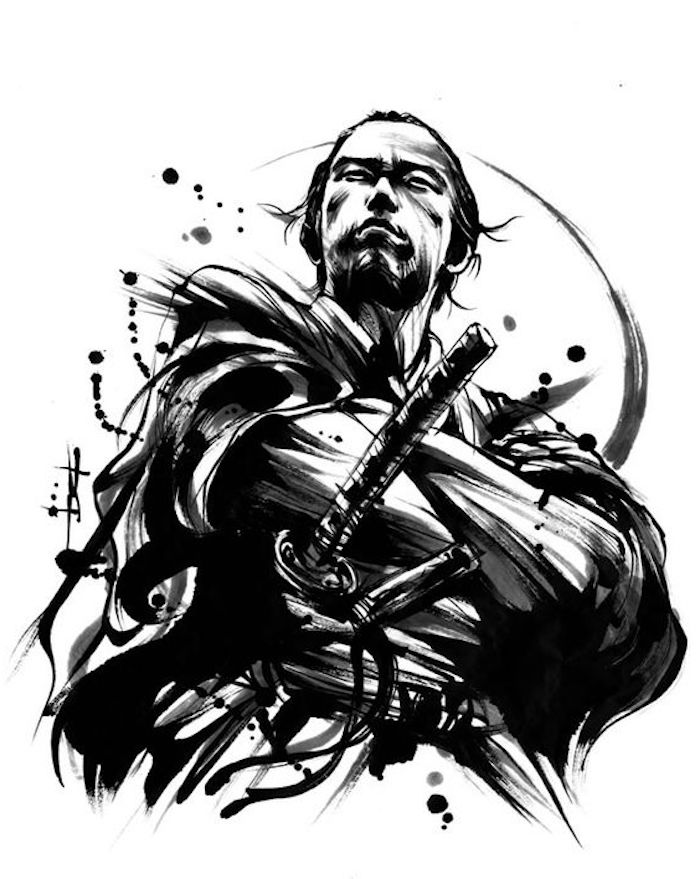 Japon savaşçı, siyah ve beyaz çizim, erkek, katana, samuray kılıcı