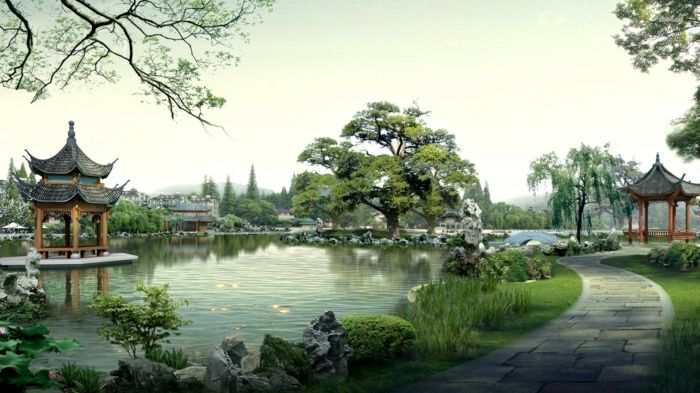 Japonské záhrady-zen-atmosféra-krásny výhľad, tradičný dom Lake