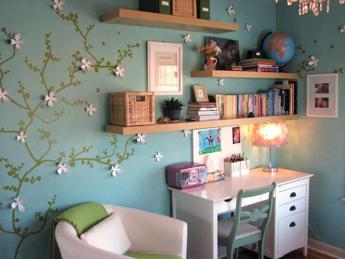ungdomsrum blå rosa vit designhylla med många böcker och en världskarta globe skrivbord fåtölj stol idé