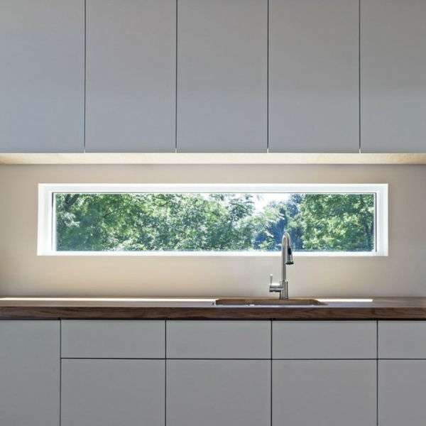 Kjøkken med langt vindu over vasken