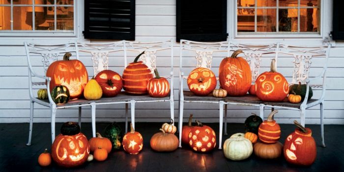 Muitas abóboras em diferentes formas e tamanhos, idéias DIY para crianças e adultos, decoração de Halloween