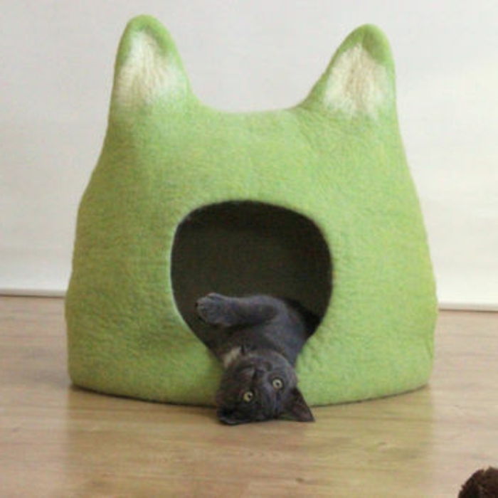 mačky príslušenstvo-zelené-posteľ-malá-mačka