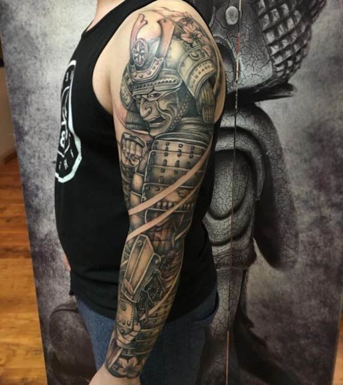 Guerriero giapponese, tatuaggio del braccio, manica, manica del tatuaggio, tatuaggio giapponese