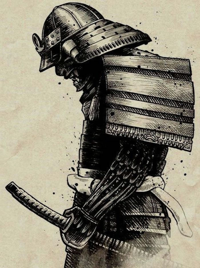 guerriero giapponese, disegno in bianco e nero, modello di tatuaggio, katana, casco, equipaggiamento