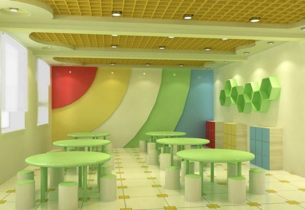 škôlky-interiér-zeleno-okrúhle stoly a stropné svietidlá