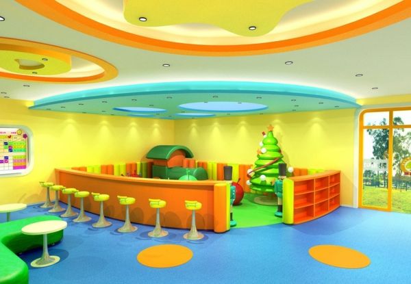 škôlky-interiér-ultra-moderné recepcia-in-zeleno-oranžovo-a-žltý