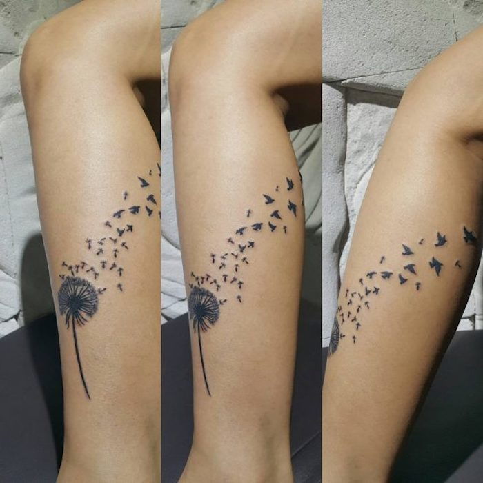 små tatueringsmotiv, kvinna med blommor tatuering på benet