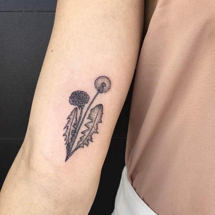 små tatueringar kvinnor, svart och grå maskros tatuering på armen