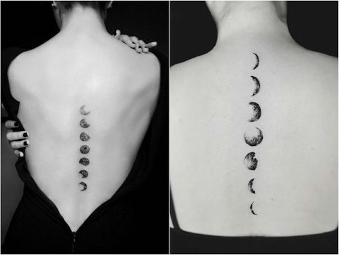 Tatuagens de costas mulheres, vestido preto sem alças, tatuagem de lua