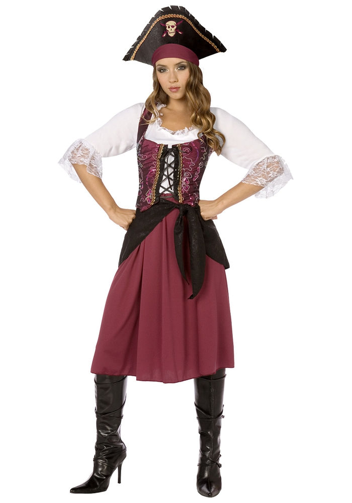 Organizar maskalls, traje de pirata para senhoras, saia vermelha escura e camisa branca, chapéu de pirata e botas de couro