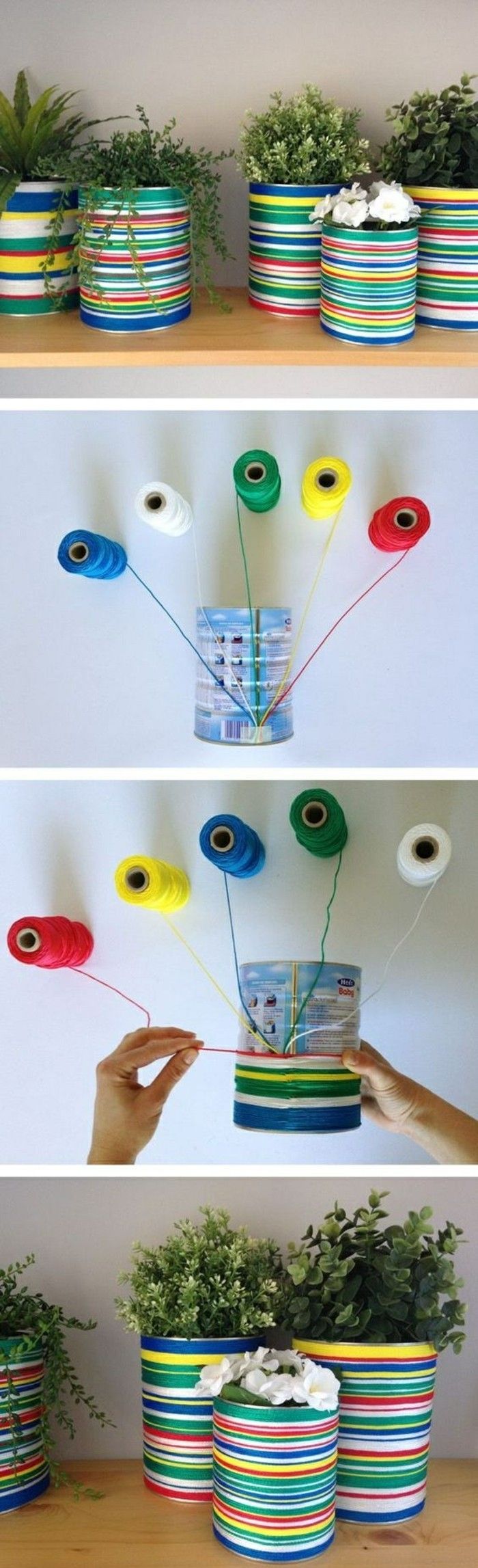 kreativa hantverks idéer-Pots-off plåtburkar-tråd-in-olika-färger