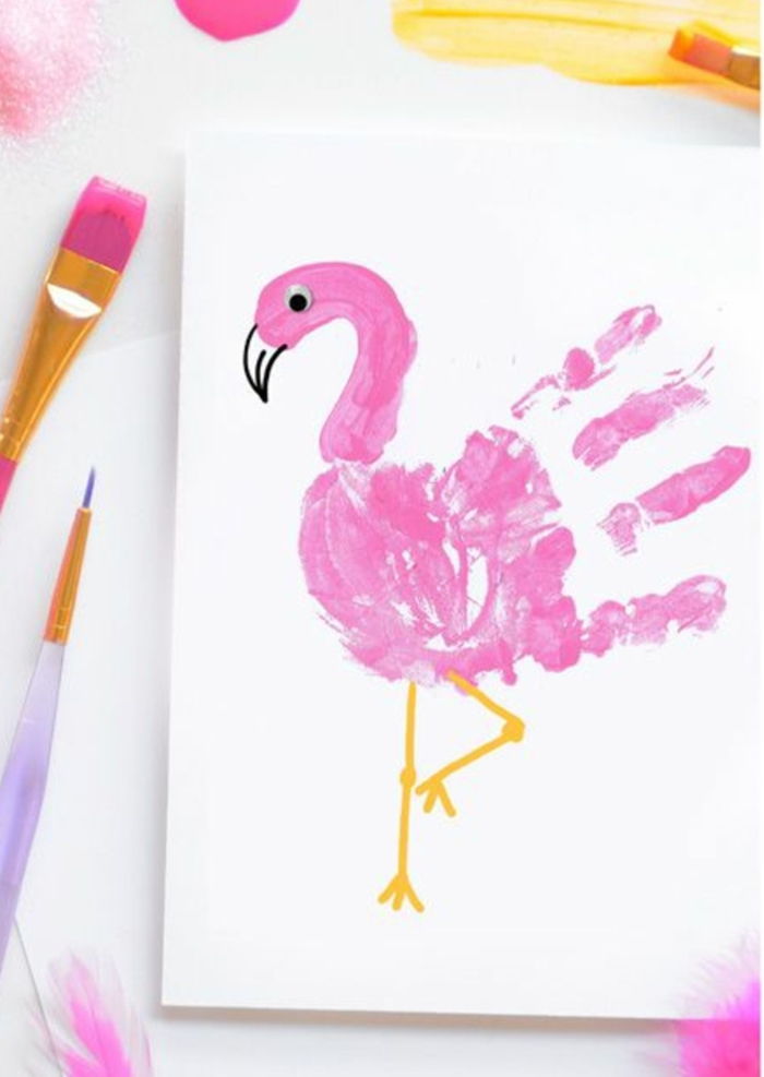 Handprint dizajn obrázkov, ružová plameniak kresba, skvelé nápady pre batoľatá