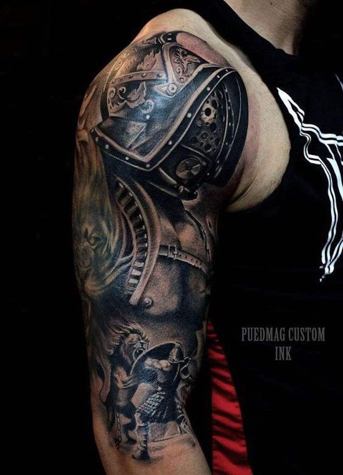 tatuaggio del combattente, braccio, tatuaggio del braccio, casco, leone, tatuaggio del braccio superiore