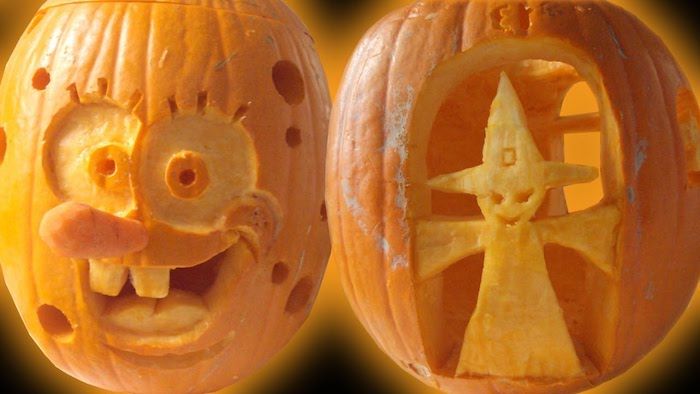 due zucche con facce di Sponge Bob e una strega - zucche di Halloween