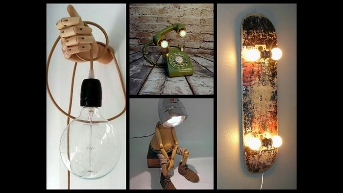 Urobte lampy zo starých predmetov (skateboard, telefón a bábika) sami, nápady pre dospelých