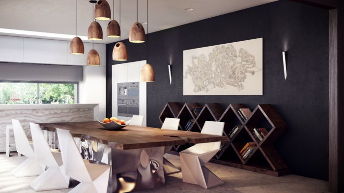 landstil-møbler-moderne design hvite designerstoler, rustikke spisebord anheng lys kjøkken
