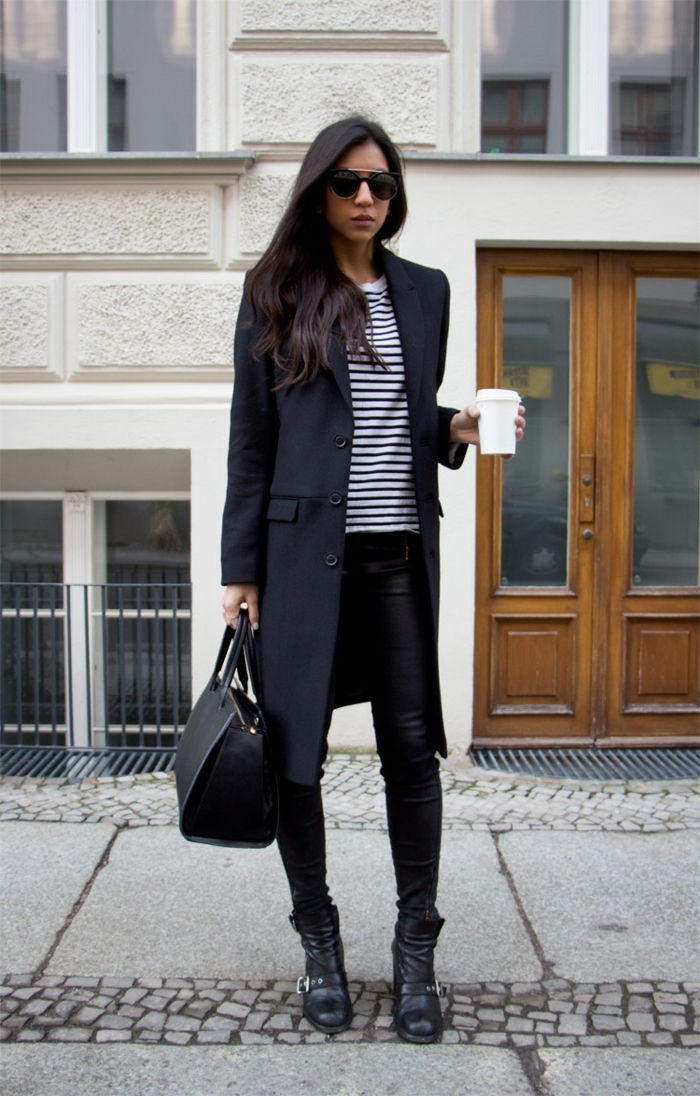 lang model winterjas dames zwarte klassieke blouse Strip Lederhosen Beker