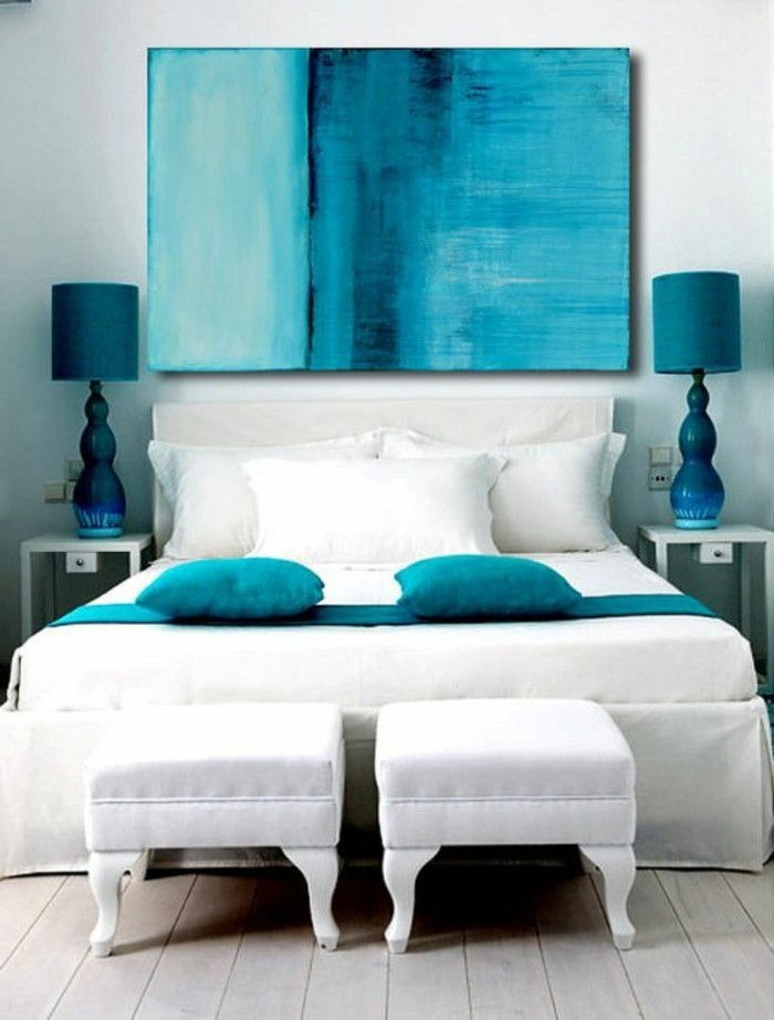 tuval sanat-xxl yatak odalı-mavi görünümlü çift kişilik yatak