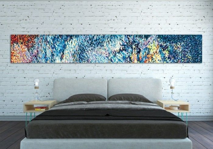 tuval sanat-xxl yatak odalı çift yataklı nachttischausholz-ahşap zemin-taş duvar