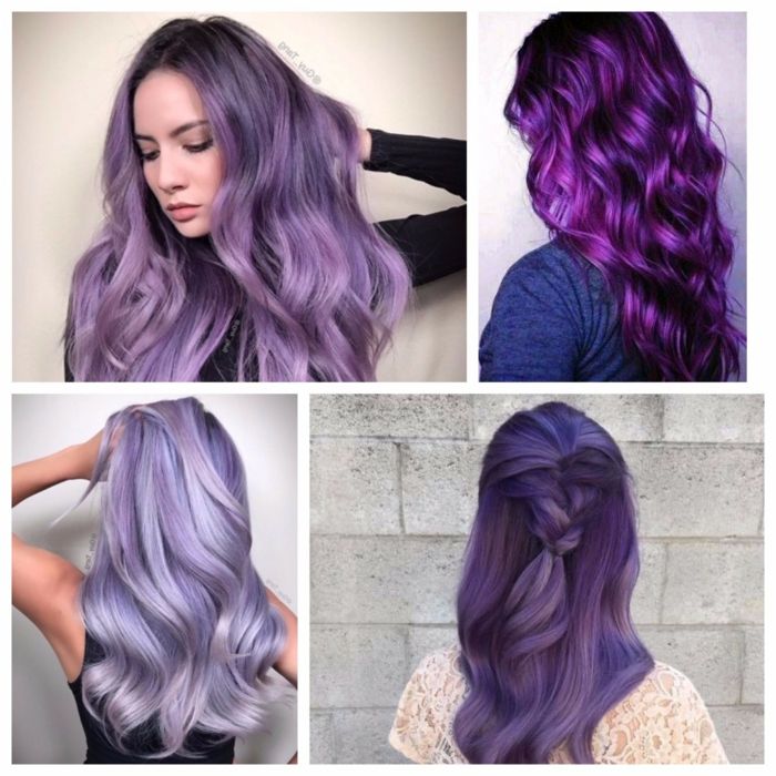 fyra bilder av fyra tjejer med hår i olika lila nyanser med olika färg nyanser och nyanser av färg