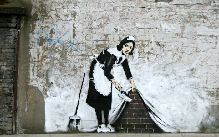 komik grafiti görüntüleri hizmetçi temizlik fırçası tuğla duvar perde