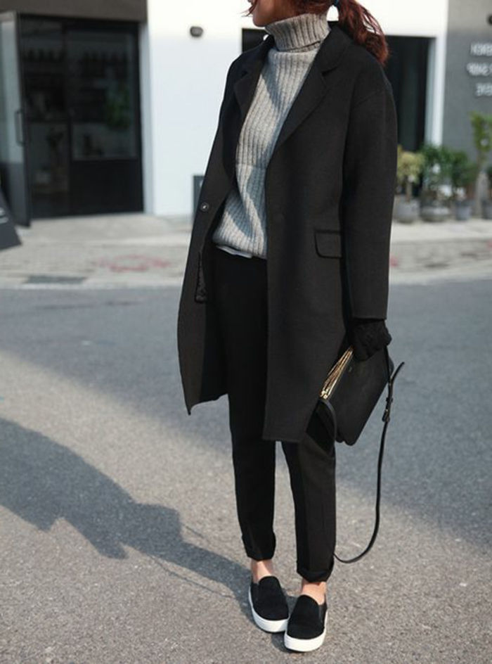 man-stijl jas dames zwarte en grijze trui