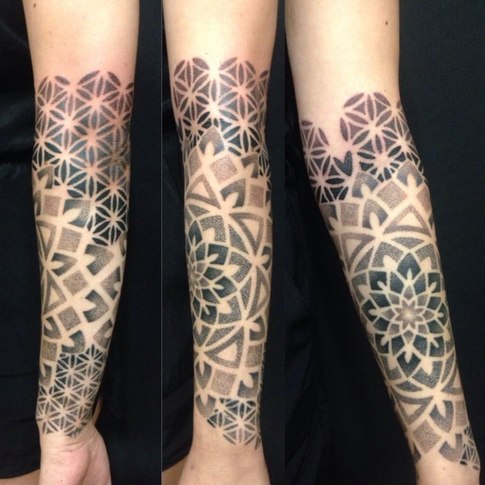 Mandala motiv arm tatuering, geometrisk figur tatuering - rhombs, trianglar och linjer
