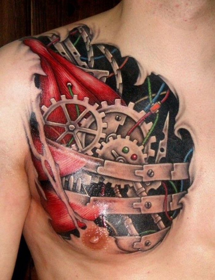 umăr tatuaj, om cu tatuaj 3D colorat pe umăr și pe piept