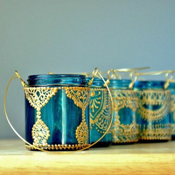 Maroko kabinti konservavimo stiklainis žvakidė mėlynos ir aukso-Henna modelius