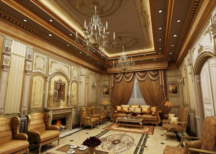 orientalsk innredning luksuriøs design av stuen gylden farge lenestol speil teppe hender dekor