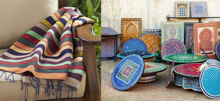 Oriental dnevno sobo - tipični maroški pohištvo z mozaiki v kontrastnih barvah, orientalski pohištvo - okrogle mizice z mozaika, leseno fotelj z dvema blazine v sivo-bež in pisano odejo s črtami