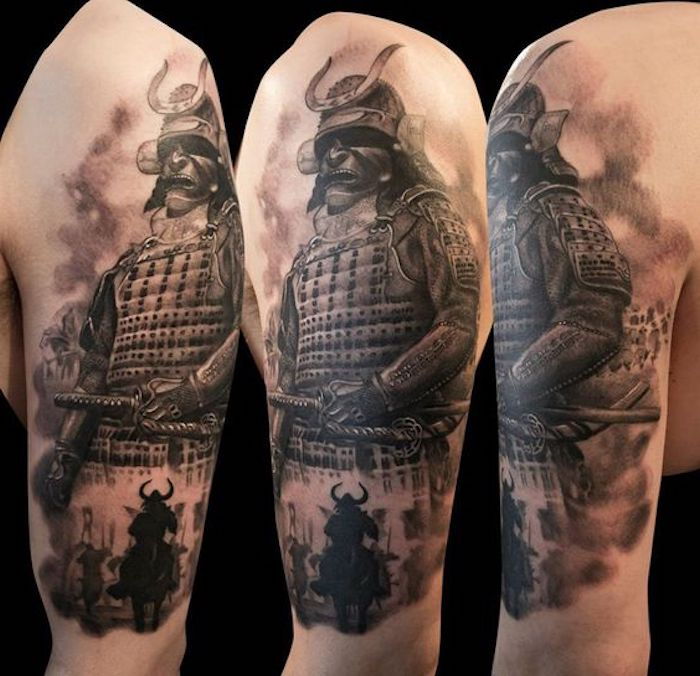 guerriero giapponese, braccio, tatuaggio del braccio, maschera, casco