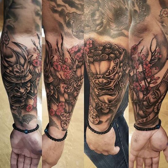 guerrieri giapponesi, tatuaggio del braccio, tatuaggio del braccio, fiori rosa, samurai
