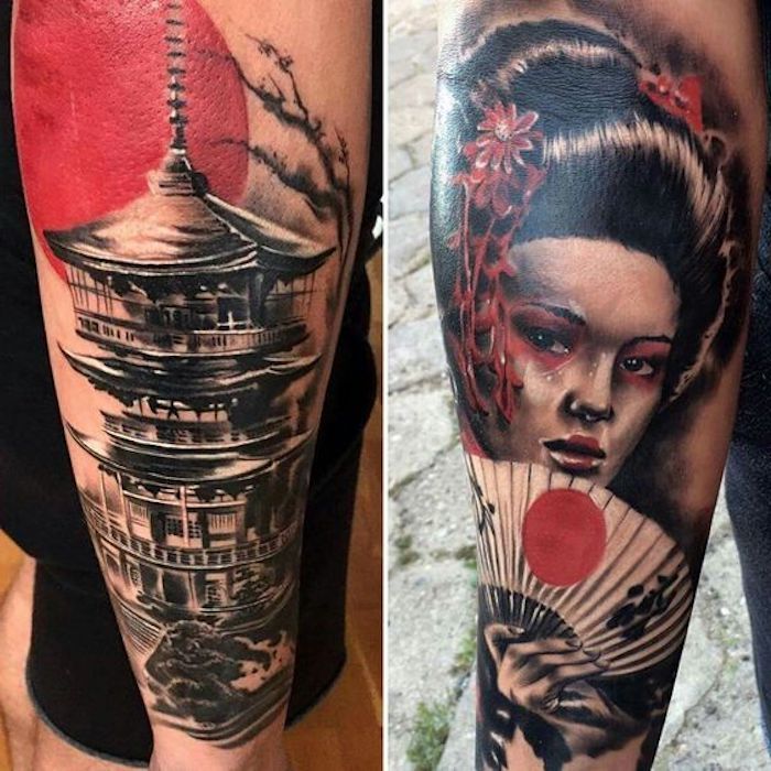 tatuaggio giapponese, sole rosso, casa, donna con i capelli neri