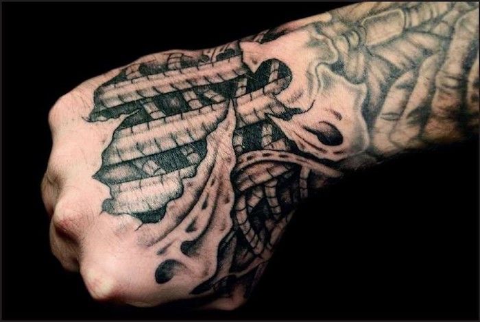 Tatuagens de homens, tatuagem de mão, tatuagem 3d preta e cinza