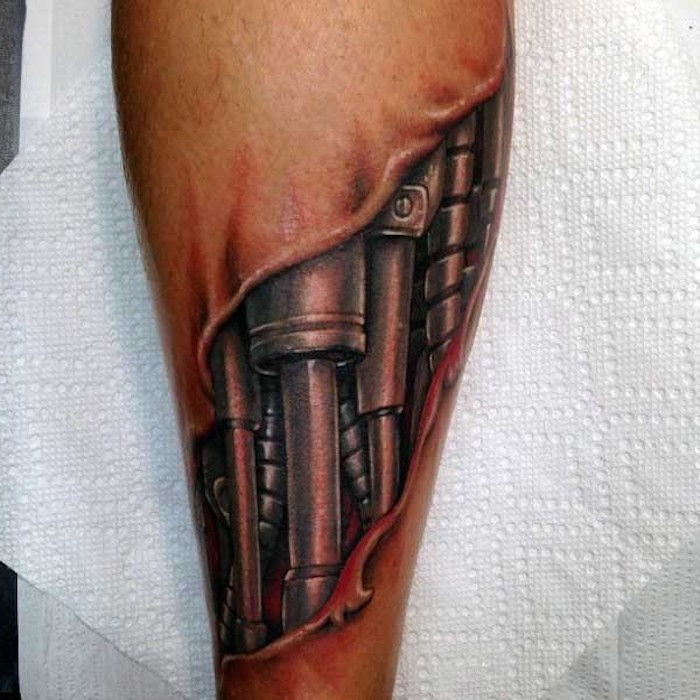 vyrų tatuiruotės, 3d tatuiruotės ant kojos, robotų tatuiruotės