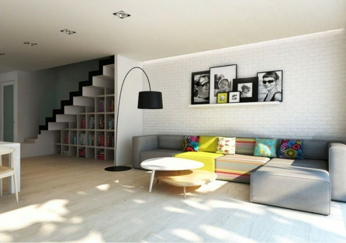 Minimalistinis-Moebel palankiu dizaineris baldai-žurnalinis staliukas-medienos-medinės grindys-stehlampe-netiesioginis-šviesos kampas sofa-spalvingi-Leidiniai-laiptai