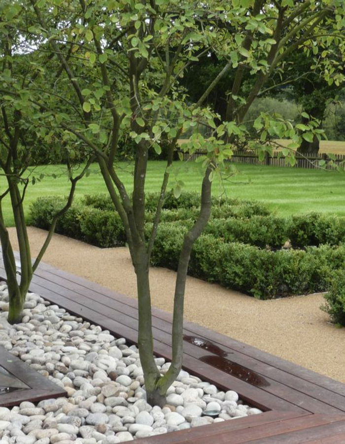 To trær legges ut i blomsterbed med hvite steiner og en benk - moderne hager